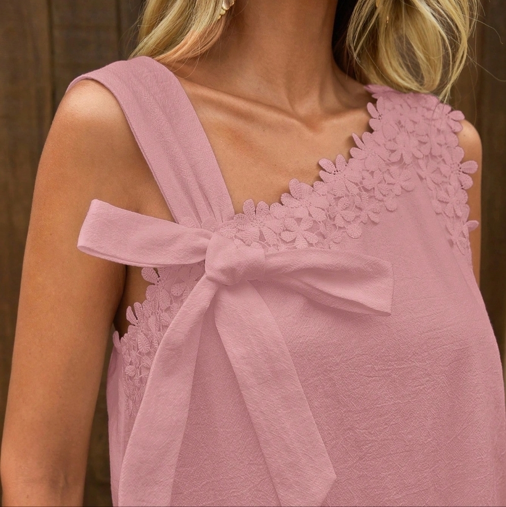 Solid Color Asymmetrical Neck Tied Sleeveless Dress - Picture 3 of 6